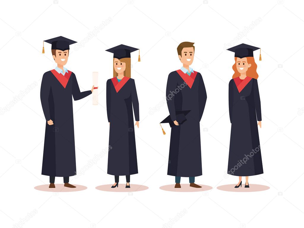 set of men and woman university graduation with rope