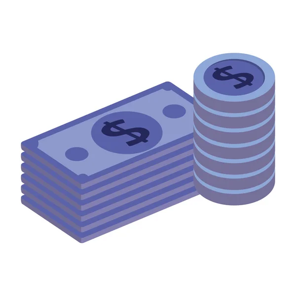 Bills dollars en munten geld isometrisch — Stockvector