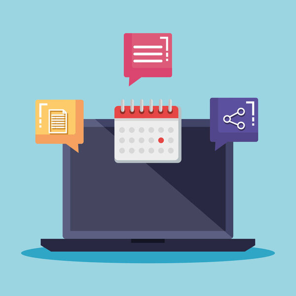 ноутбук технологии с календарем и чат пузырьки с документом и поделиться
