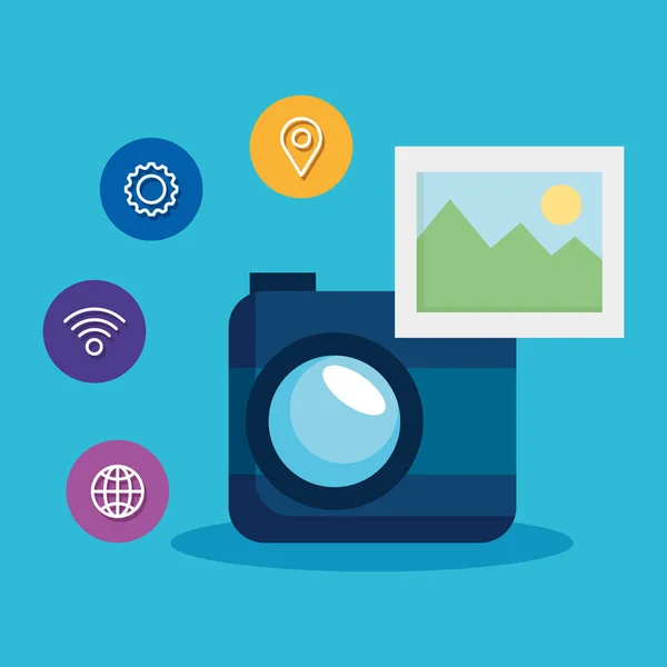 Tecnologia de câmera digital com wifi e sinal de localização — Vetor de Stock