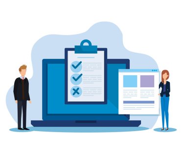 bilgisayar ve belge kontrol listesi ile iş kadını ve işadamı