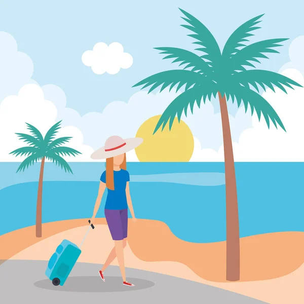 Turista chica con maleta en la playa — Vector de stock