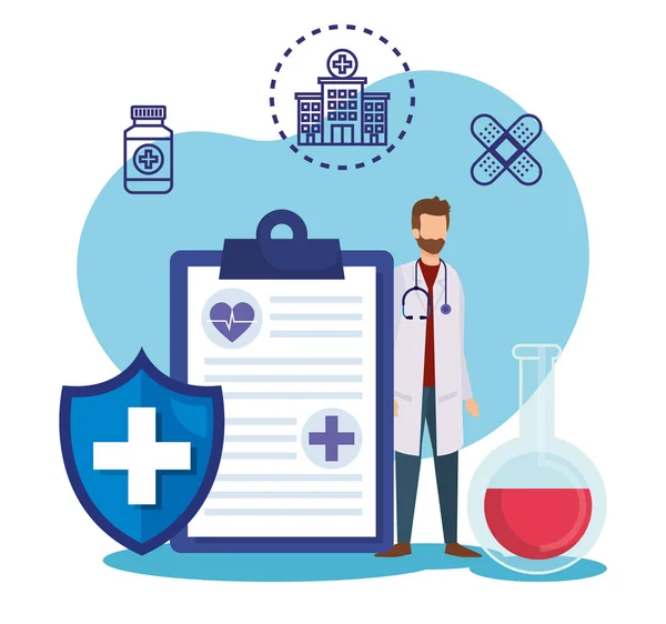 Man doctor with check list and shield — Stock Vector