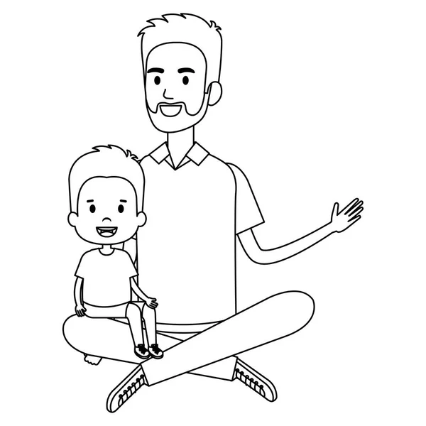 Padre sentado en el suelo llevando hijo — Vector de stock