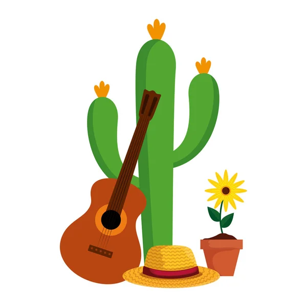 Cactu with straw hat and guitar — Stock Vector