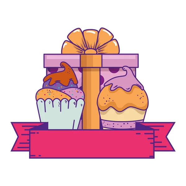 Deliciosos cupcakes dulces con regalo — Vector de stock
