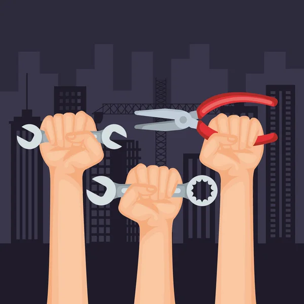 Hands with wrenches and pincers to labour day — Stock Vector