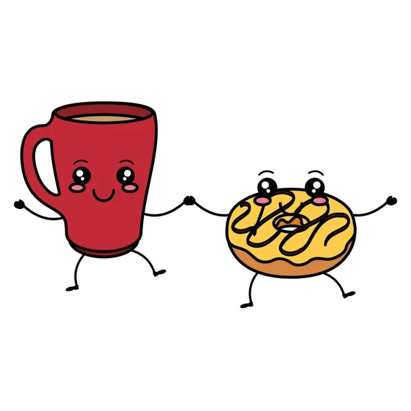 Tatlı çörekler kawaii karakterleri ile kahve fincanı — Stok Vektör