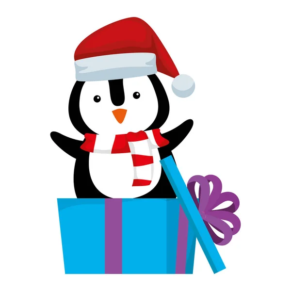 Niedlicher Pinguin mit Weihnachtsmann-Hut als Geschenk — Stockvektor