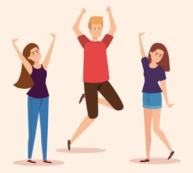 güzellik kız ve erkek rahat giysilerile atlama