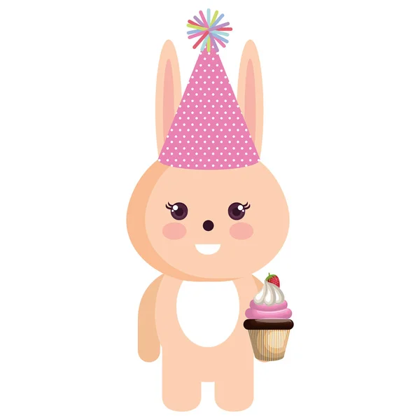 Cute rabbit kawaii with sweet cupcake birthday — Stock Vector