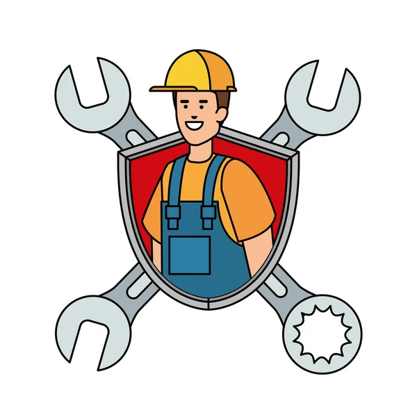 Ouvrier constructeur avec casque et clés dans le bouclier — Image vectorielle