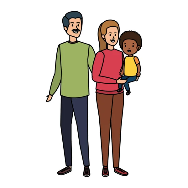 Interracial padres pareja con hijo caracteres — Vector de stock