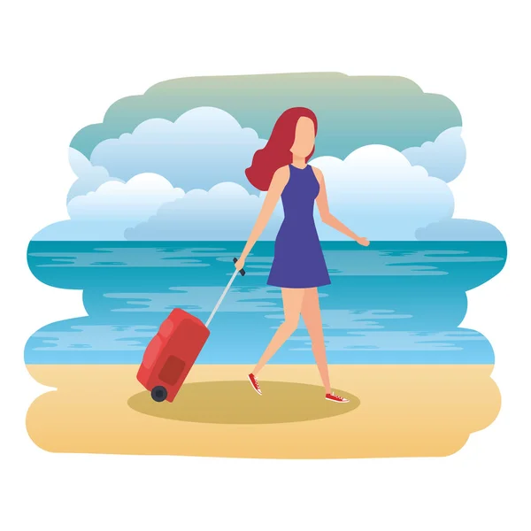 Bela menina turística com mala na praia — Vetor de Stock