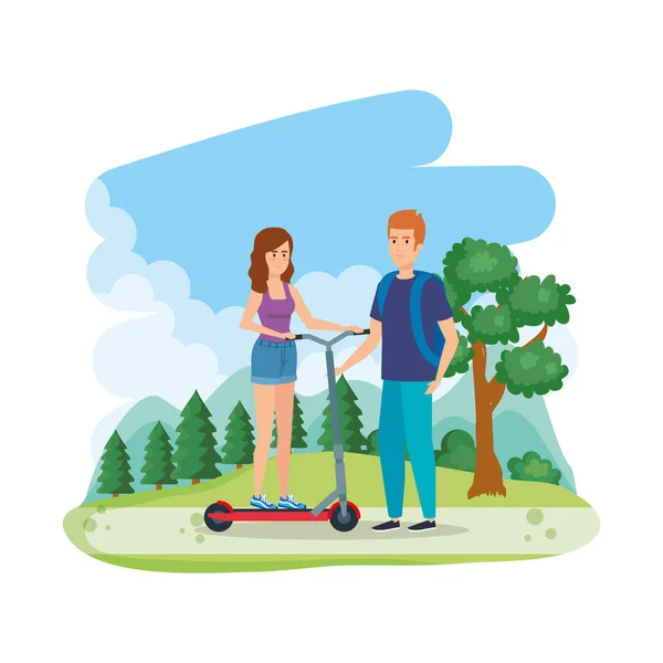 Ungt par i fällbar sparkcykel på landskap — Stock vektor