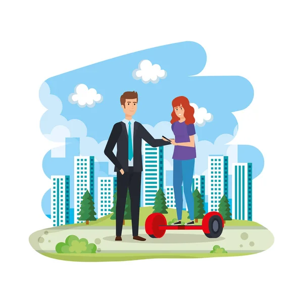 Young couple in folding e-scooter on landscape — Stock Vector