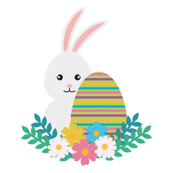 Яичная краска с милым кроликом и цветы пасхальные украшения — стоковый вектор