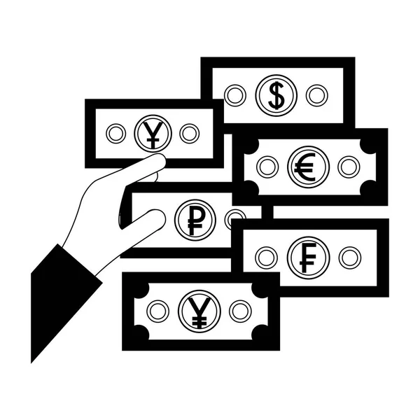 Mão com notas de euro dólar yen rublo yuan dinheiro — Vetor de Stock