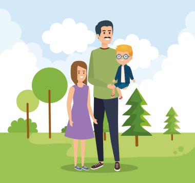 ağaçları ile kızı ve oğlu ile mutlu adam