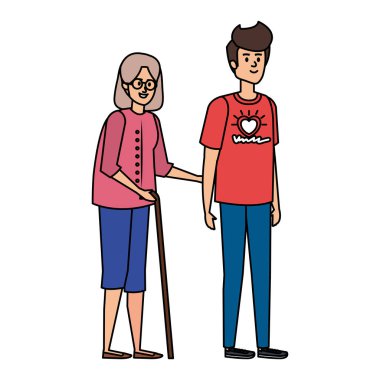 Genç adam büyükannesine yardım etmeye gönüllü.