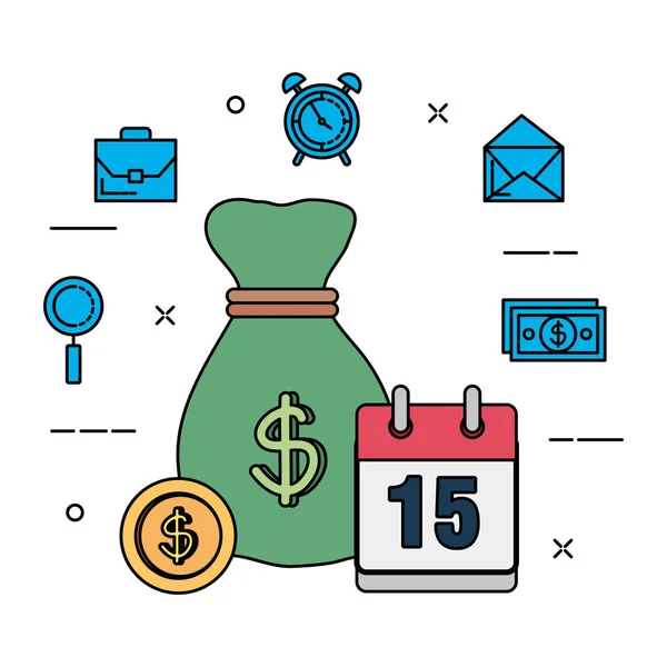 Money Bag med finansiella ikoner — Stock vektor