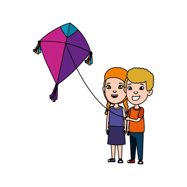 Pareja de niños con vuelo de cometa — Vector de stock