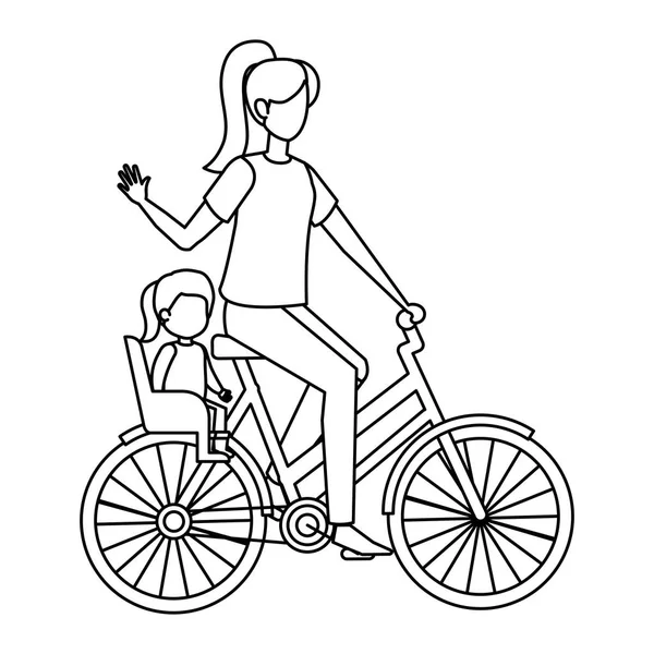 Молодая мама на велосипеде с дочерью — стоковый вектор