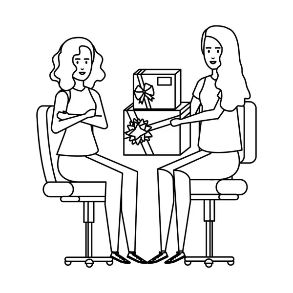 Γυναίκες επιχειρηματίες που κάθονται σε καρέκλα γραφείου δίνοντας δώρο — Διανυσματικό Αρχείο