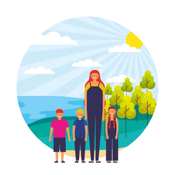 Mujer con niña y niños en el paisaje — Vector de stock