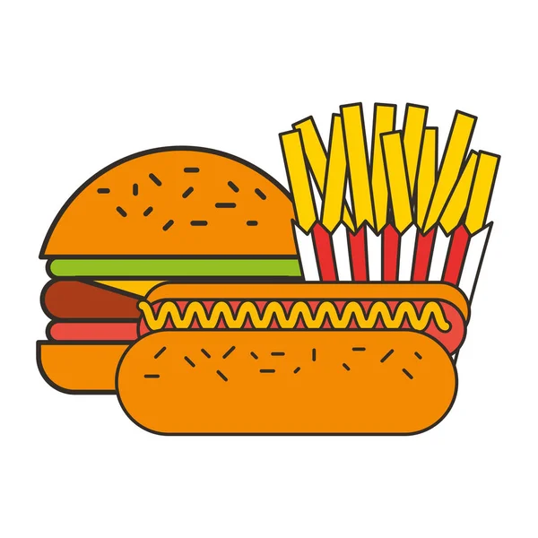 Hamburguesa hot dog y papas fritas comida rápida — Vector de stock