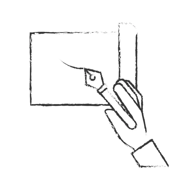 Mão segurando caneta-tinteiro desenhado na folha —  Vetores de Stock