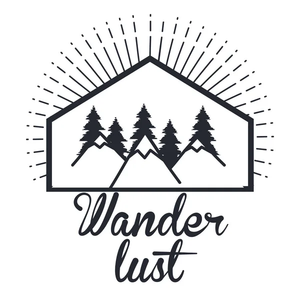 Mão wanderlust desenhado montanha aventura etiqueta natureza — Vetor de Stock