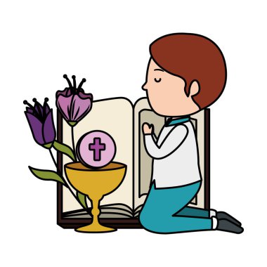 little boy kneeling with book and chalice first communion clipart
