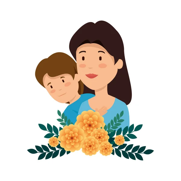 Hermosa madre levantamiento hijo con decoración floral — Vector de stock