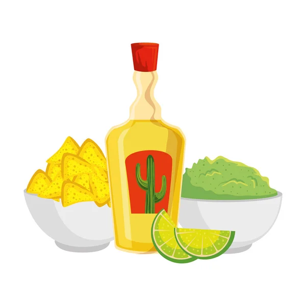 Tequila bottle with nachos and guacamole — Stock Vector