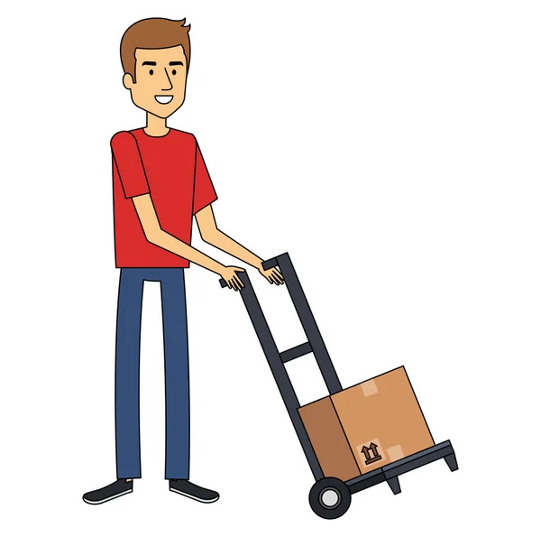 Young man with cart transport box — ストックベクタ