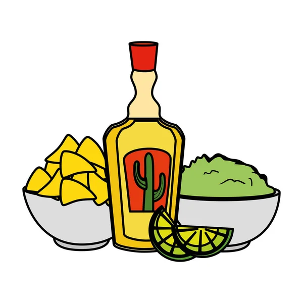 Tequila flaska med nachos och guacamole — Stock vektor