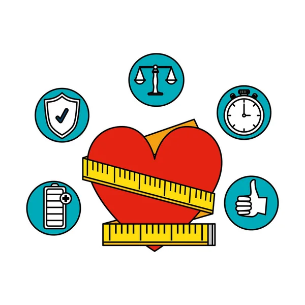 Heart with tape measure and healthy icons — Stock Vector