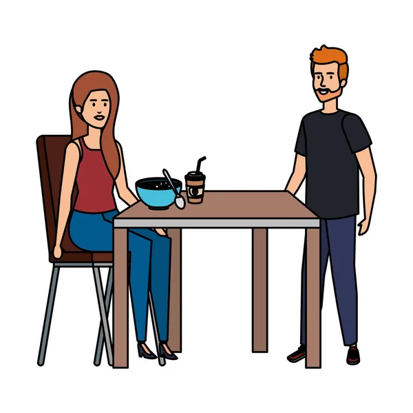 Jeune couple manger dans des personnages de table — Image vectorielle