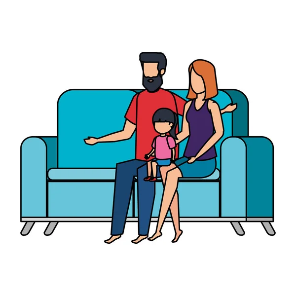 Couple de parents avec fille dans le canapé — Image vectorielle