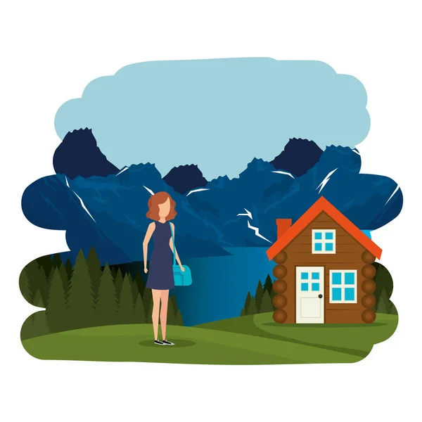 Hermosa chica turística con bolso de mano en el paisaje — Vector de stock