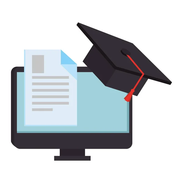 Documento con la graduación de la computadora y sombrero — Vector de stock