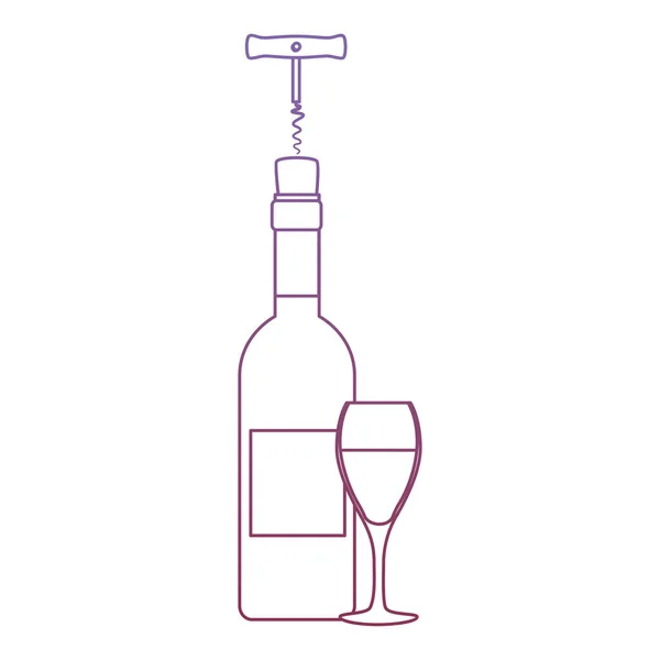 酒瓶轮廓与瓶塞螺丝和杯子 — 图库矢量图片