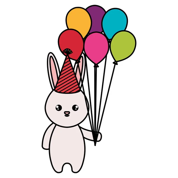 Cute rabbit with hat and balloons party — Stock Vector