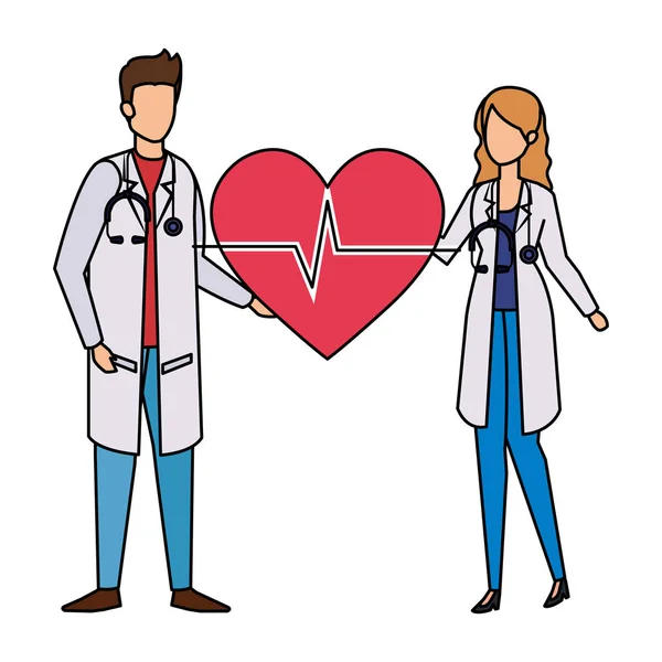 Coppia di medici professionisti con cuore cardio — Vettoriale Stock
