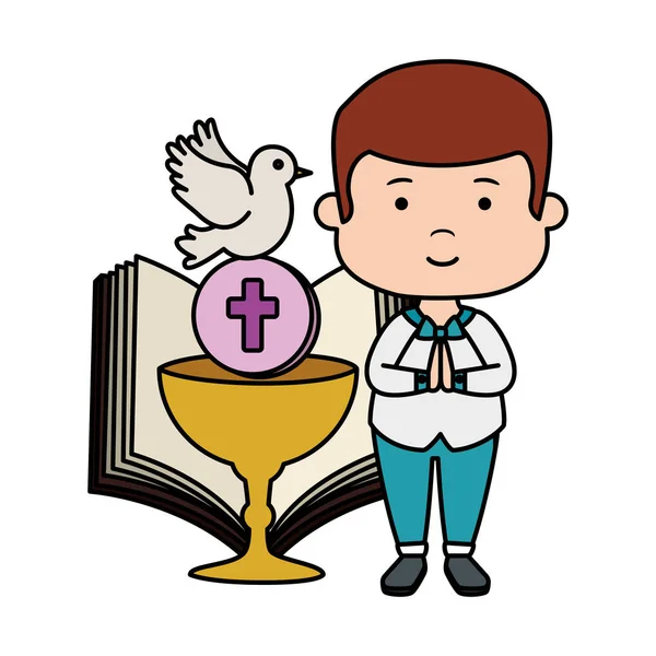 Kleiner Junge mit Bibel und Kelch Erstkommunion — Stockvektor