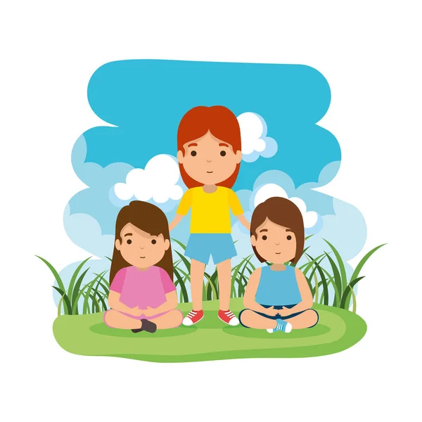 Madre con hijas en el campamento — Vector de stock