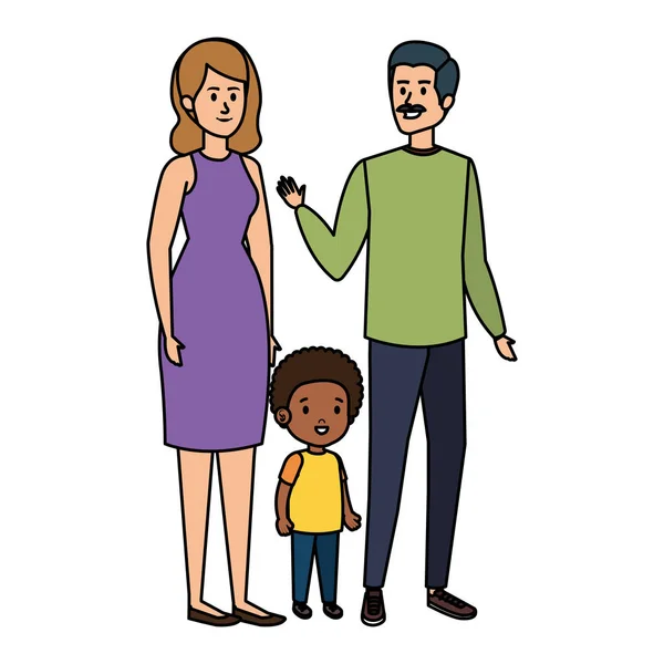 Interracial parents couple with son characters — Stock Vector
