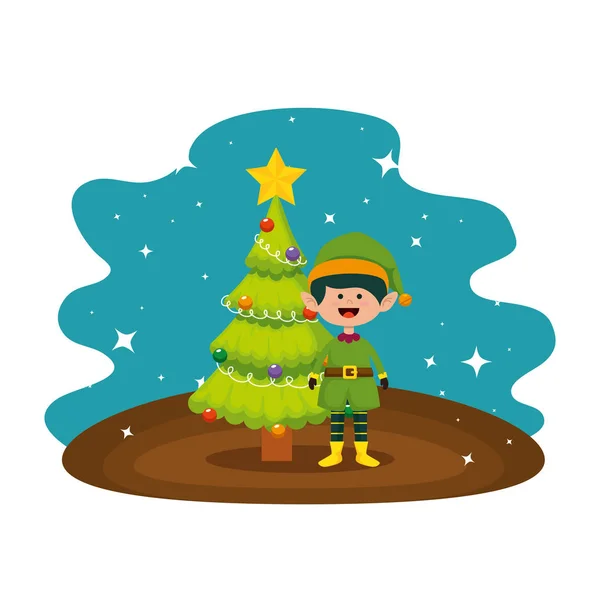 Feliz árbol de Navidad con elfo — Vector de stock