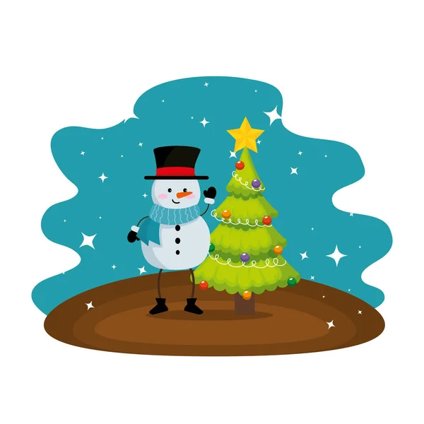 Χαριτωμένο χιονάνθρωπος με πεύκα δέντρο Χριστούγεννα — Διανυσματικό Αρχείο